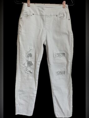 Bright White Pull on Distressed Skinny Jeans with Embellished Rips